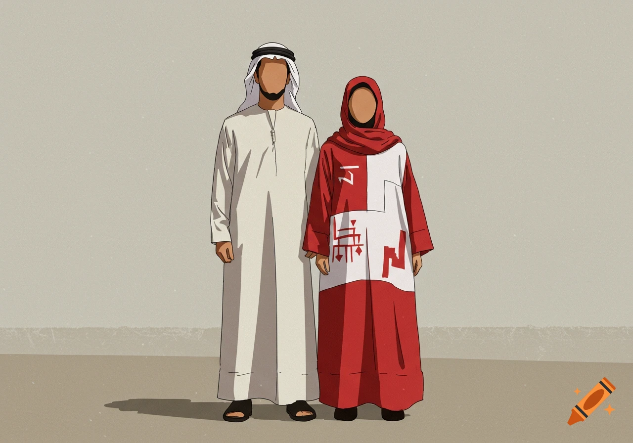 Illustration of a man in white thobe and a woman in a red and white thobe.