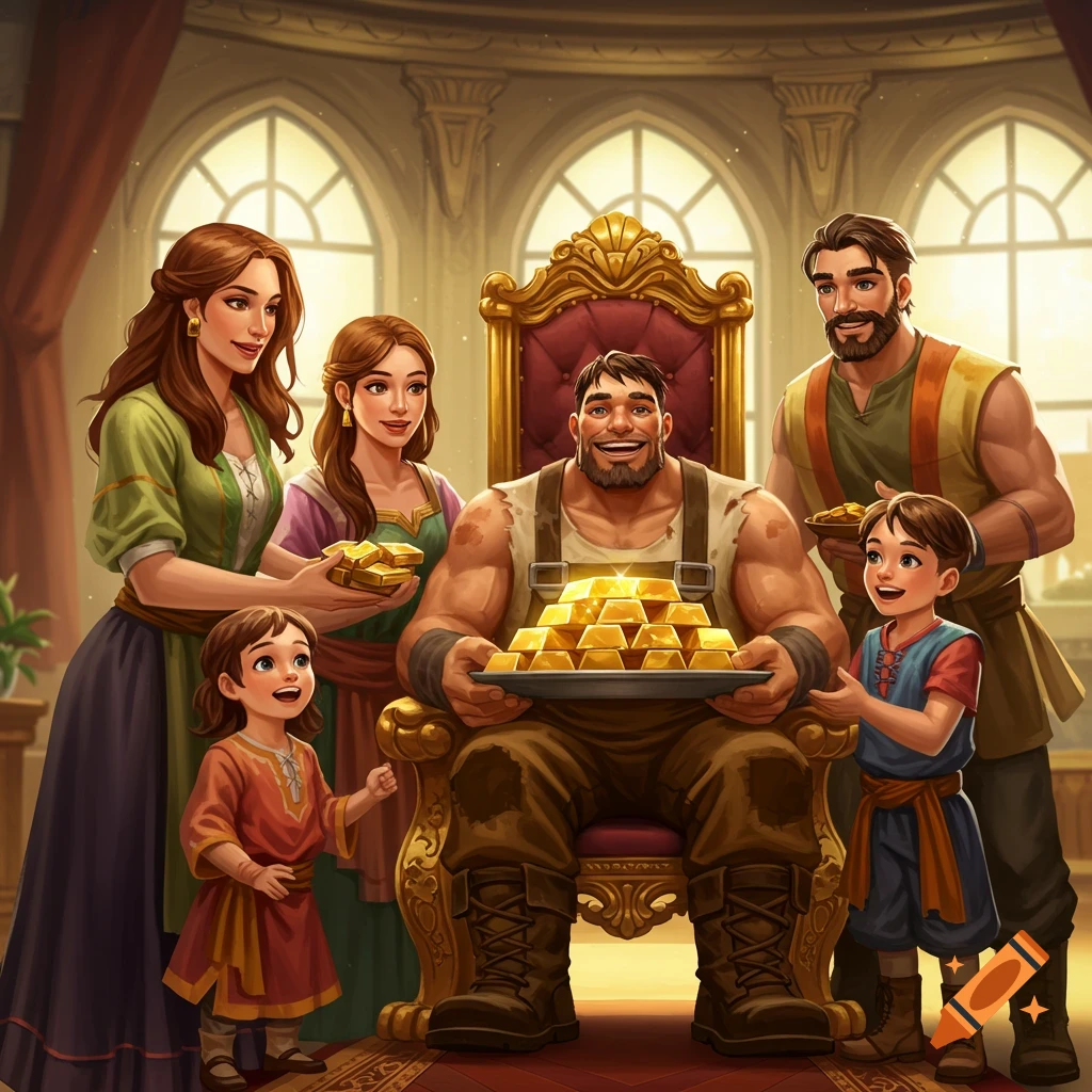 A family serves a muscular man on a throne a large pile of gold bars on a platter.