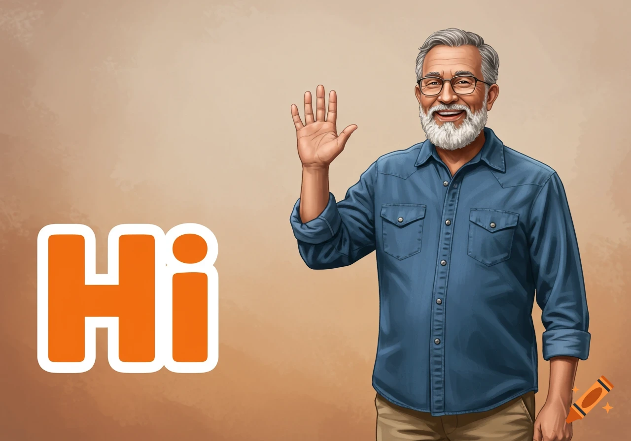 An older man waves next to the large text 'Hi' in an illustration.
