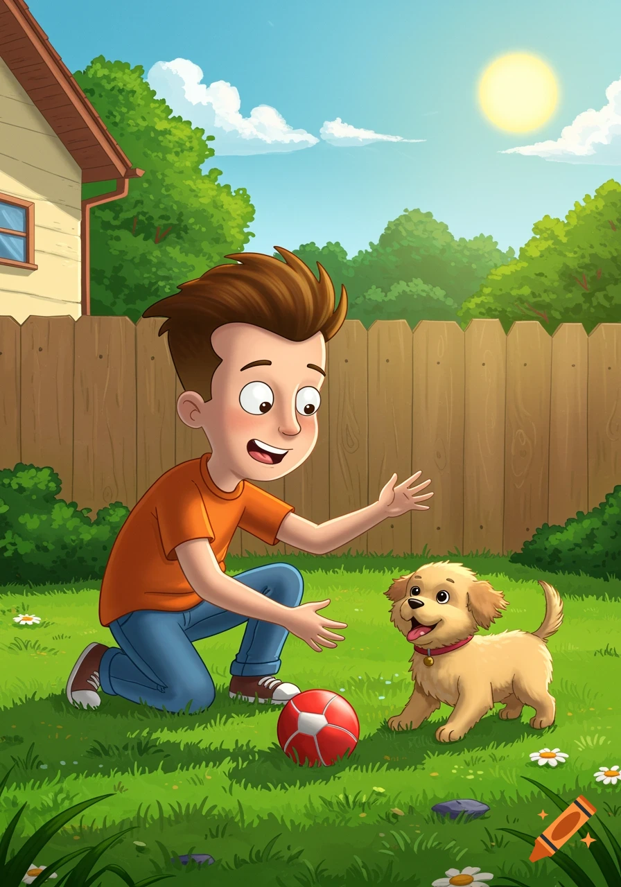 Cartoon boy playing with a puppy and a red ball in a sunny backyard.