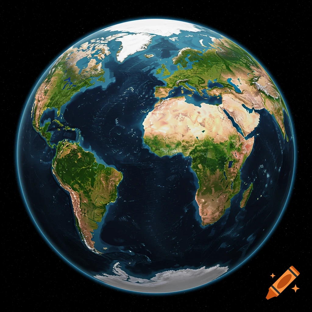 A realistic rendering of Earth from space, showing the Atlantic Ocean, Europe, Africa, and South America.