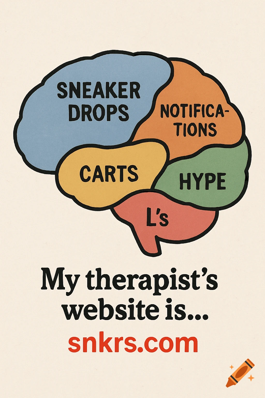Illustration of a brain labeled with sneaker terms above text 'My therapist's website is... snkrs.com'
