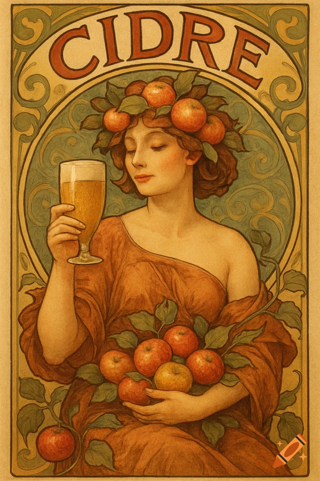 Art nouveau style poster of a woman holding a glass of cider and apples, with 'CIDRE' written above her head.
