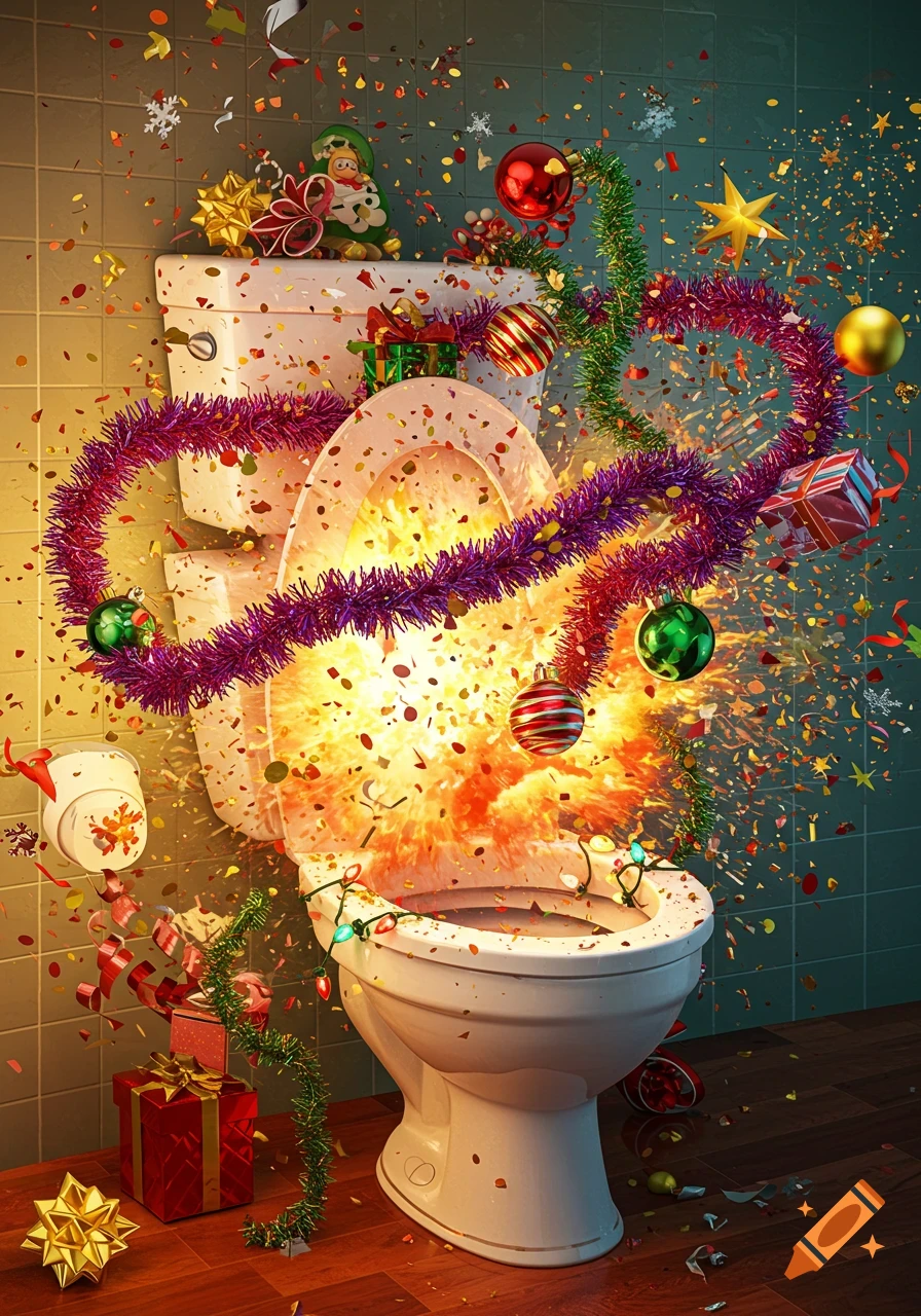 A toilet decorated for Christmas explodes, sending confetti, ornaments, and presents flying.