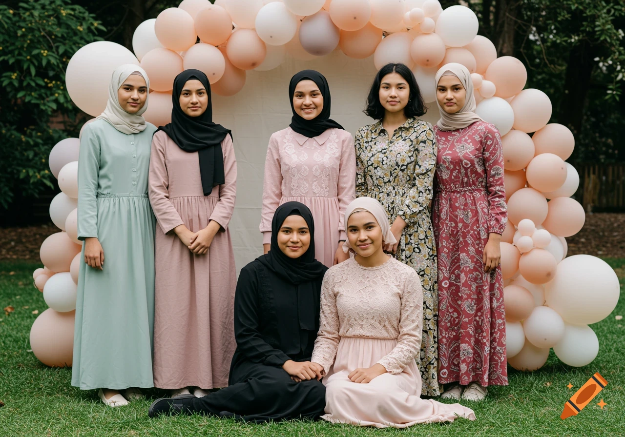 Group portrait of several young Muslim girls wearing hijabs and dresses, posing in front of a balloon arch.