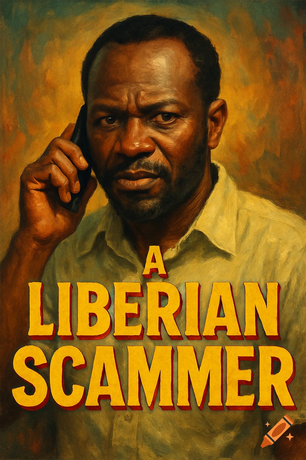 Portrait of a man on a phone with text 'A LIBERIAN SCAMMER' in a painterly style.
