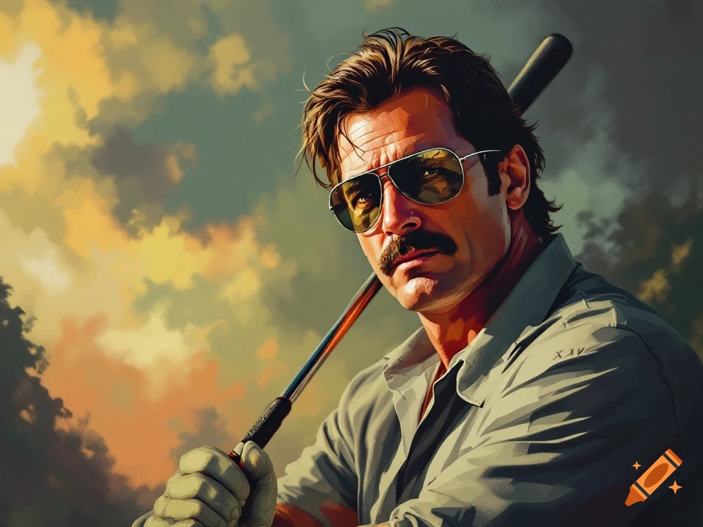Painterly portrait of a man with a mustache and sunglasses holding a golf club.