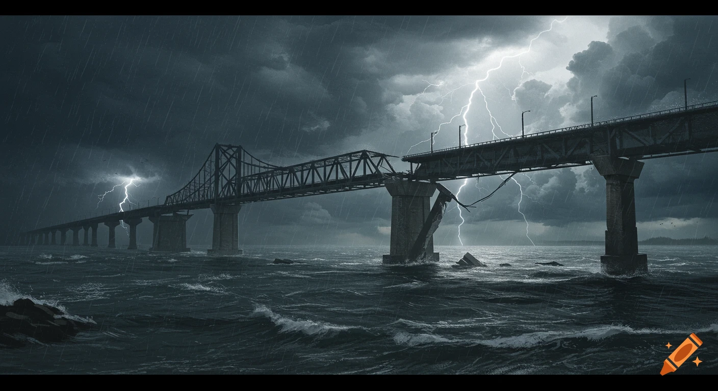 A long, broken bridge over choppy water under a stormy sky with lightning.