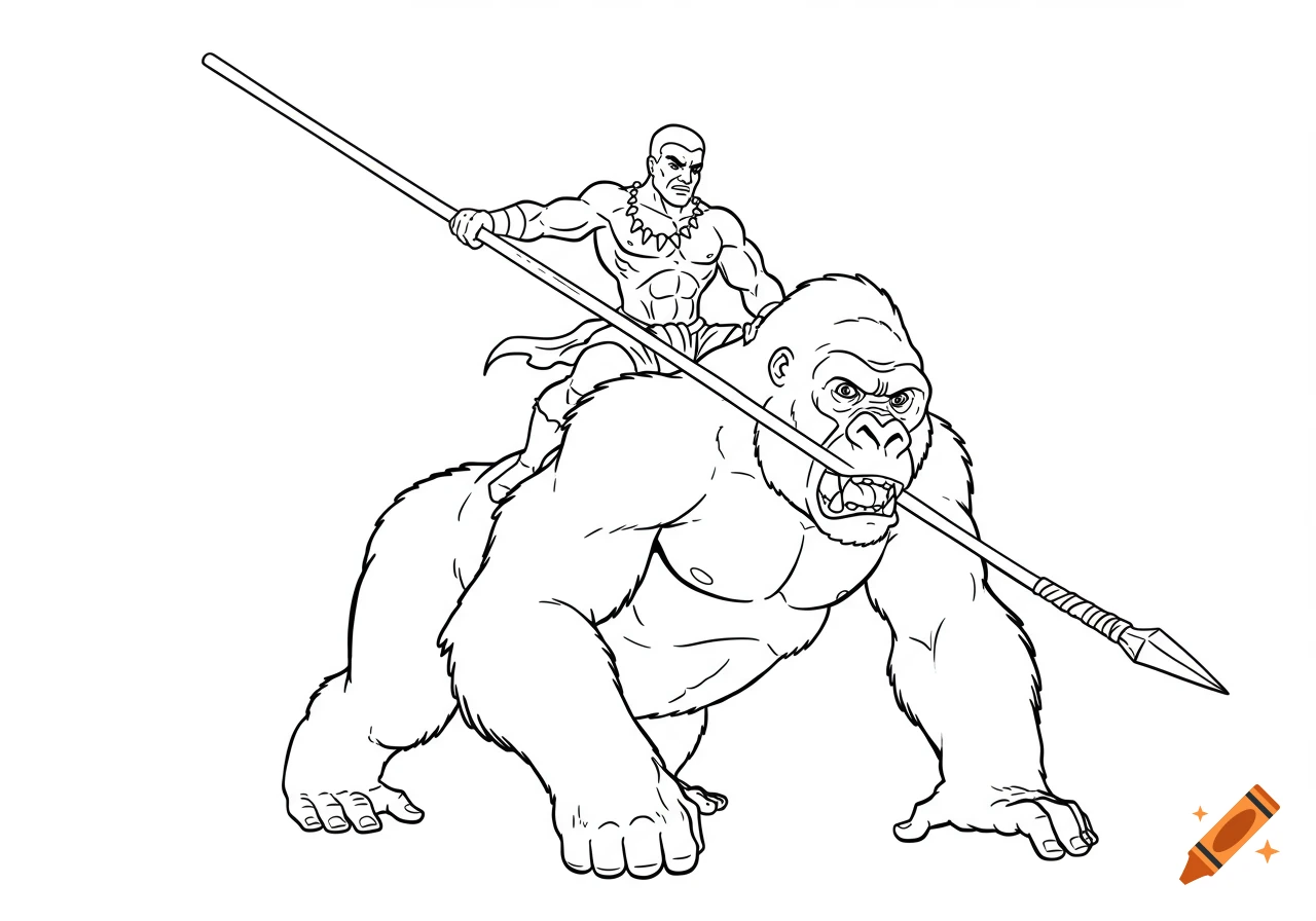 Black and white line drawing of a muscular man riding on a gorilla's back, holding a spear.