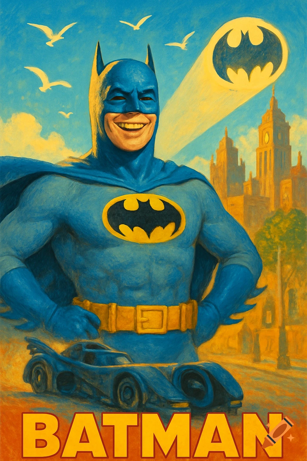 Painting of a smiling Batman in blue and grey suit with Batmobile, city skyline, and Bat-Signal.