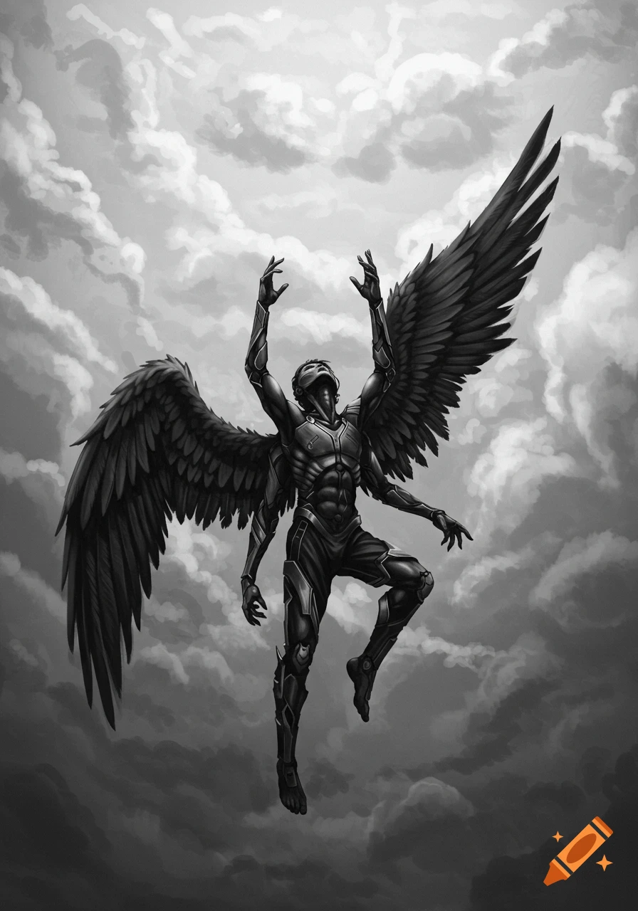 Black and white illustration of a multi-armed figure with wings floating among clouds.