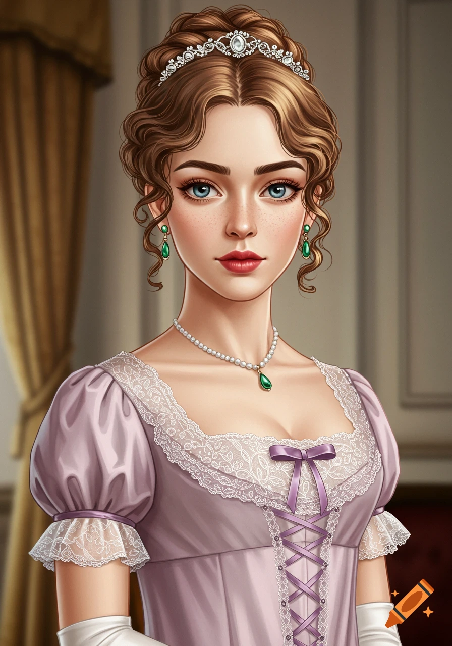 Digital illustration of a woman in a pink Regency gown with lace, pearl necklace, tiara, and green earrings.
