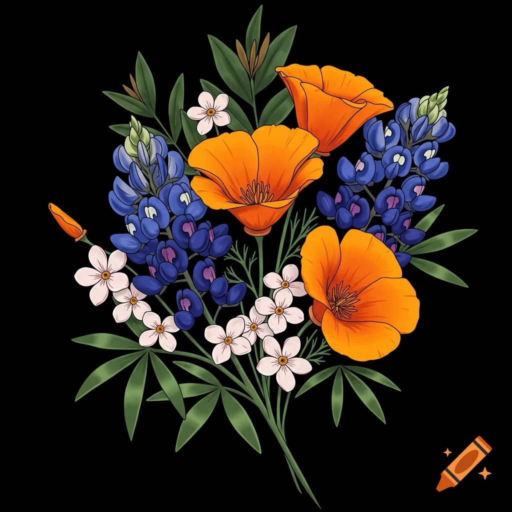 Stylized bouquet of orange poppies, blue bluebonnets, and white flowers against a black background