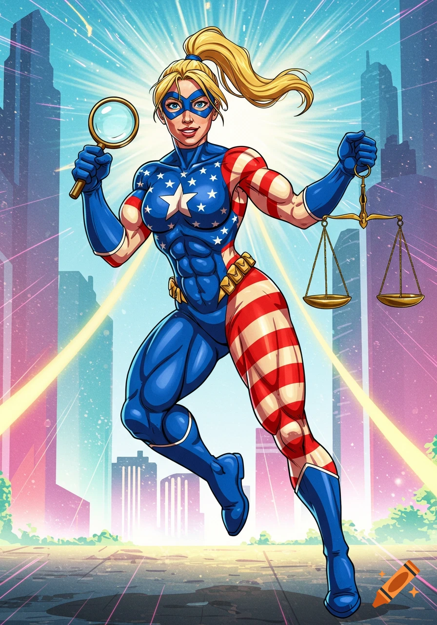 A female superhero in a patriotic costume holds a magnifying glass and scales in a comic book style illustration.