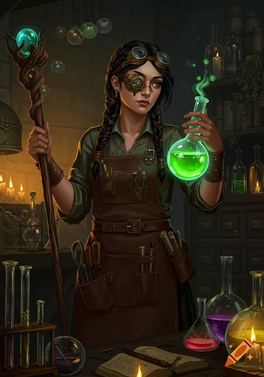 An alchemist girl with steampunk goggles and a leather apron holds a glowing green potion and a staff in a workshop.