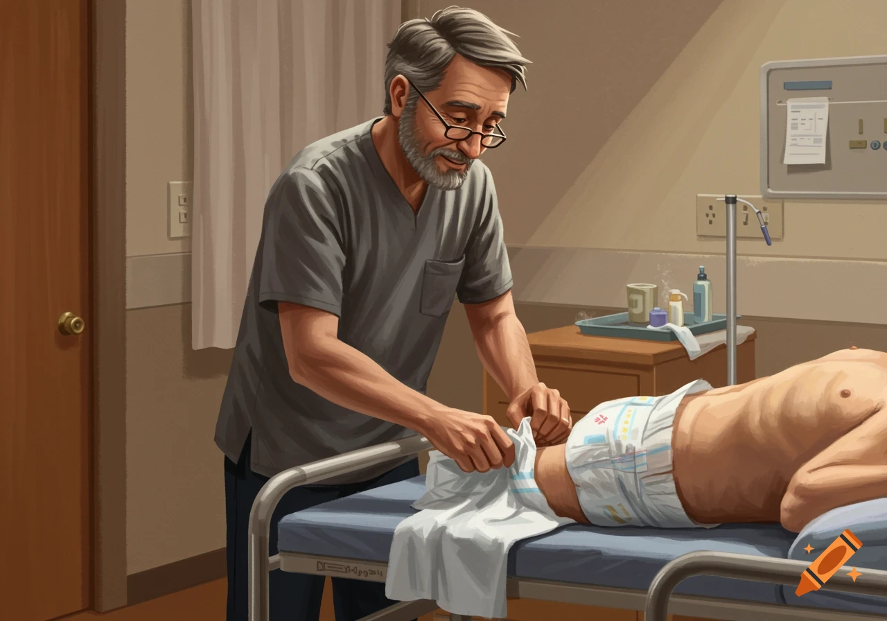 A caregiver changes an adult patient's diaper in a hospital room.