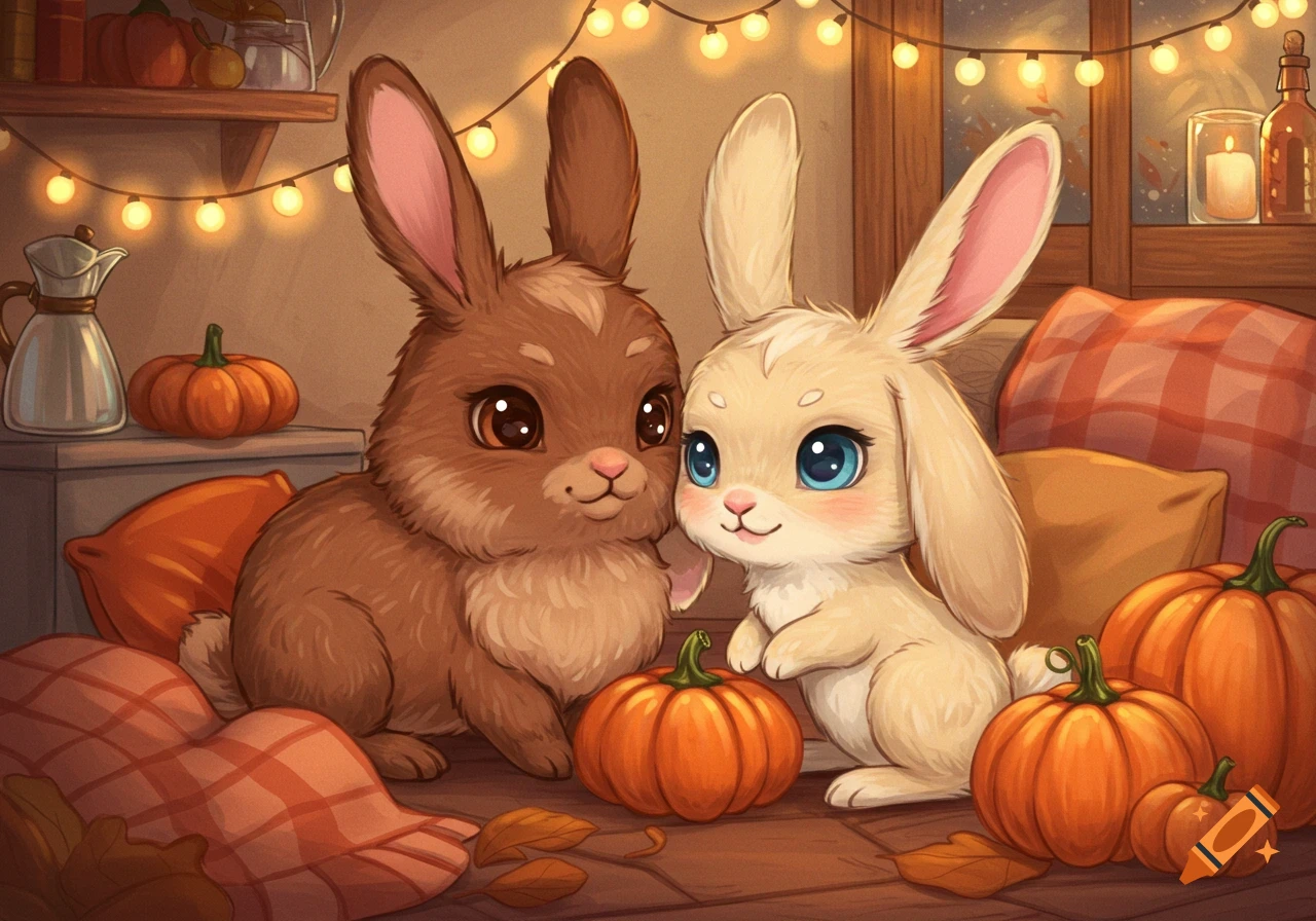 Two cute cartoon bunnies cuddle in a cozy autumn room with pumpkins and warm lights.