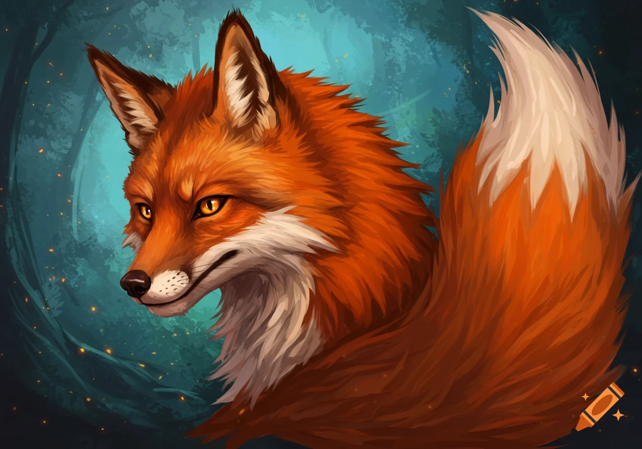 Close-up digital painting of a red fox in a dark forest with glowing lights.