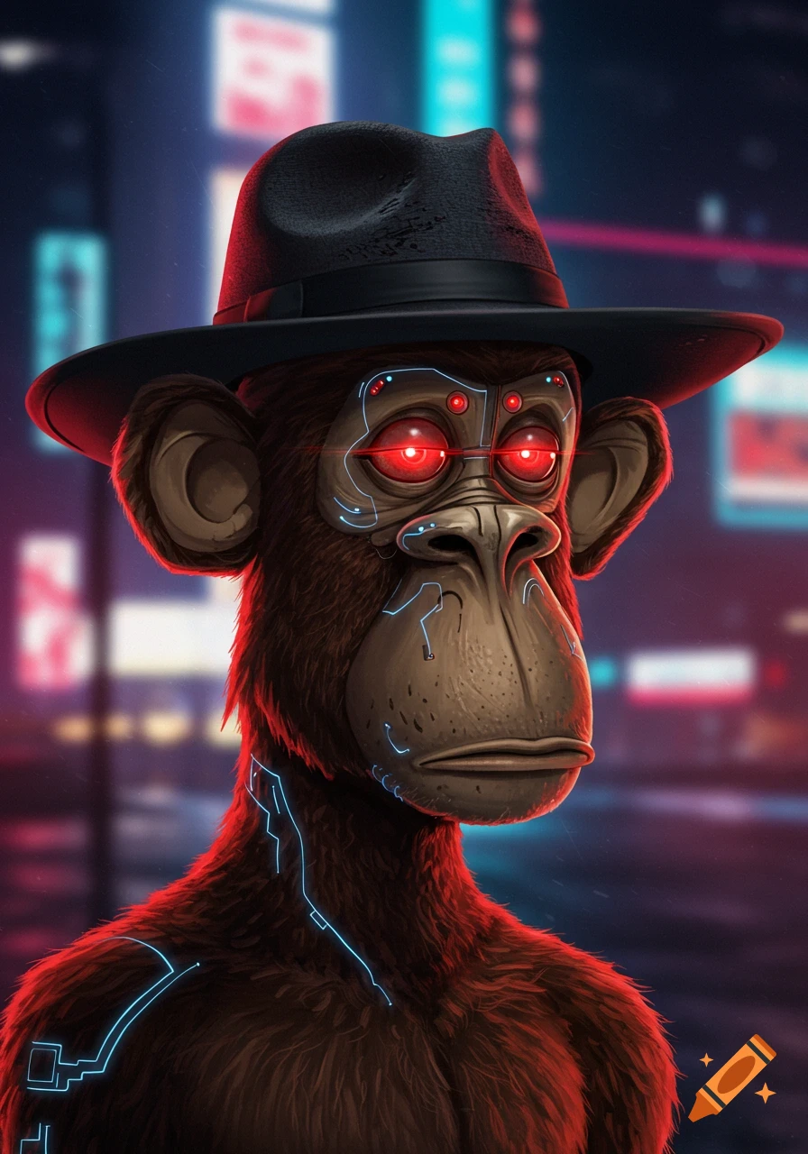 Close-up portrait of a cyborg ape wearing a fedora against a cyberpunk city background