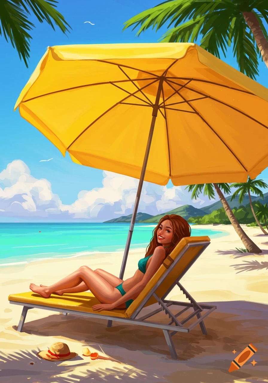 Stylized illustration of a woman sunbathing on a beach under a yellow umbrella