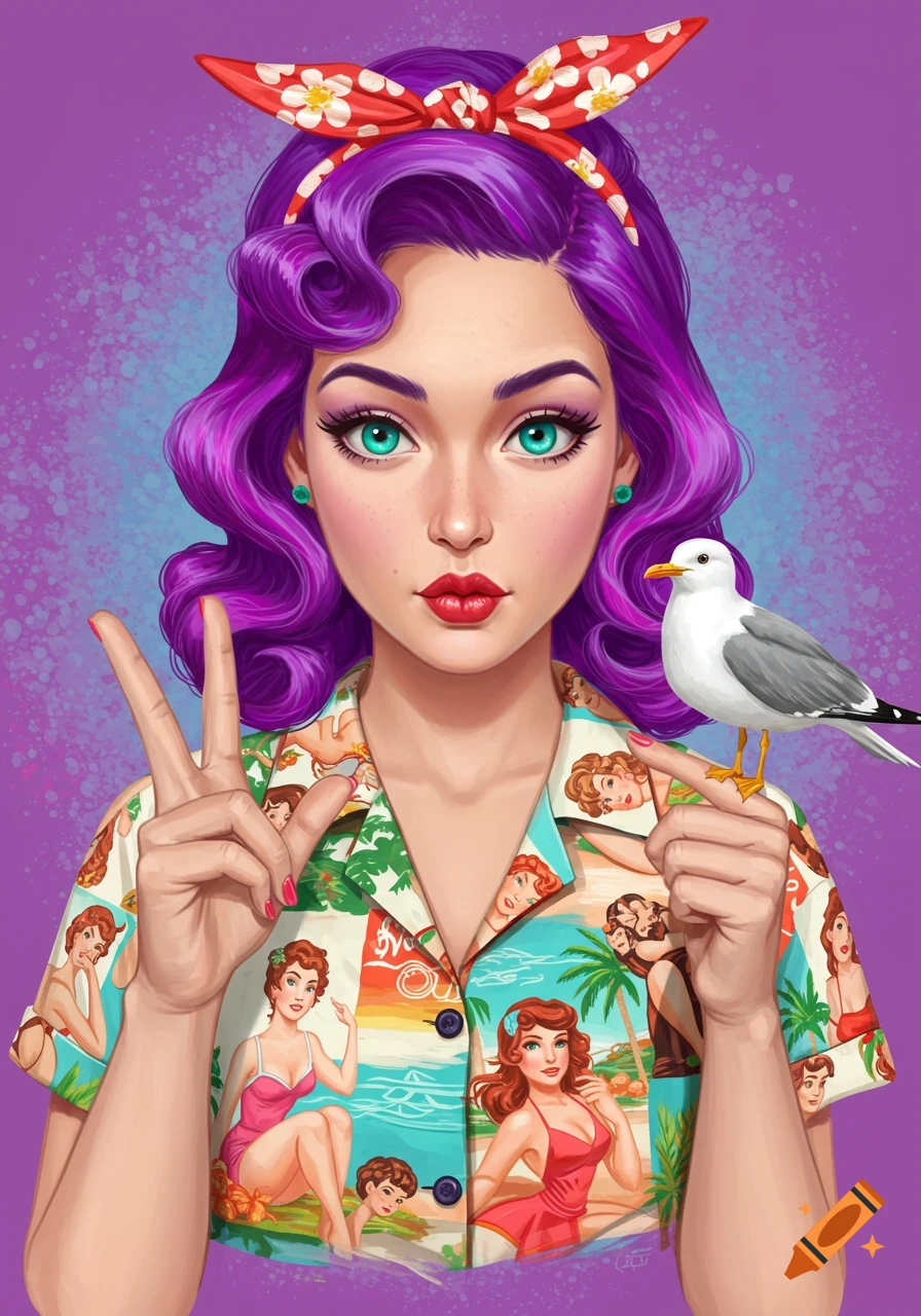 Stylized portrait of woman with purple hair and turquoise eyes wearing a pinup-patterned Hawaiian shirt, holding a seagull.