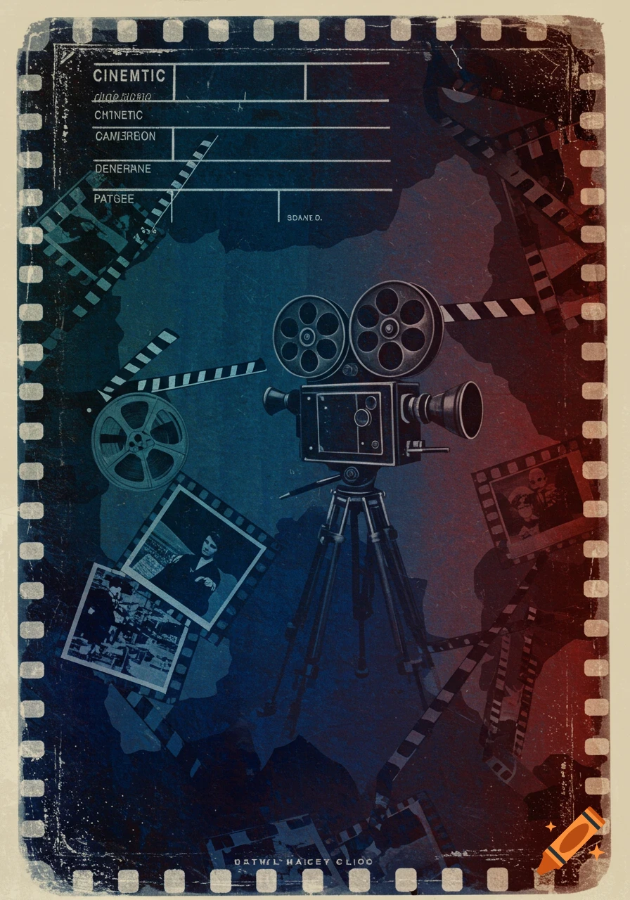 Vintage illustration of a film camera, reels, clapperboards, and film strips inside a film border with grunge texture
