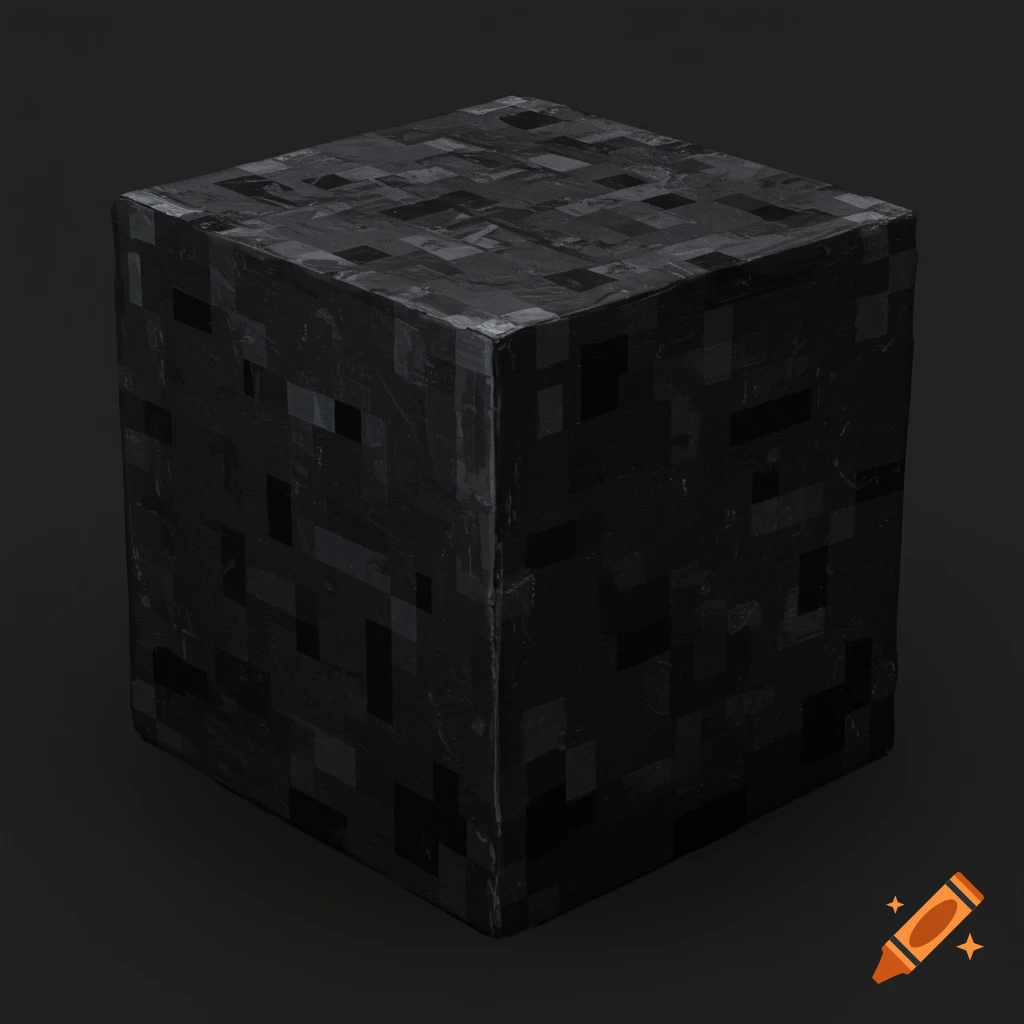A hyper-realistic rendering of a Minecraft coal block against a dark background.