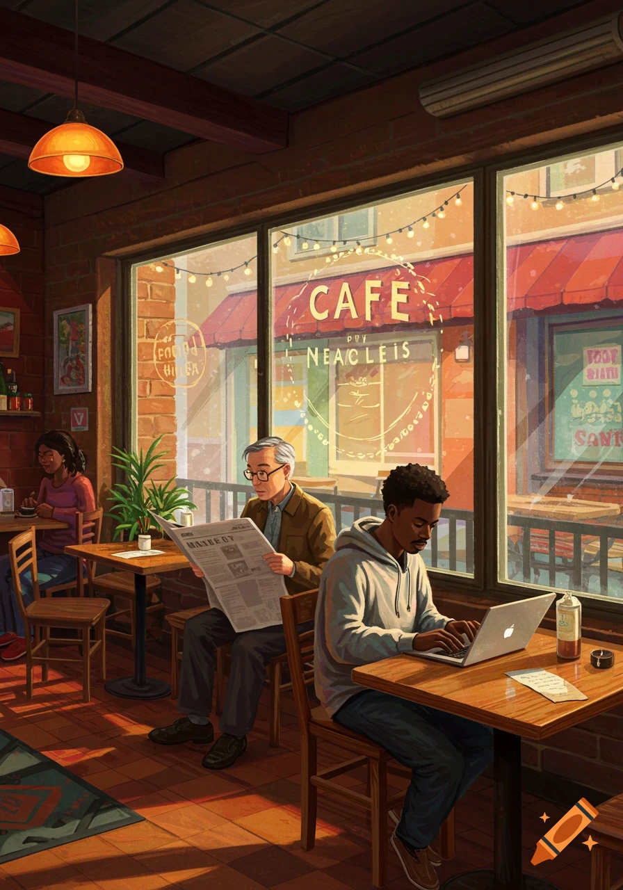 Customers sit at tables in a cozy cafe, one reading a newspaper, another on a laptop, in an illustration style.