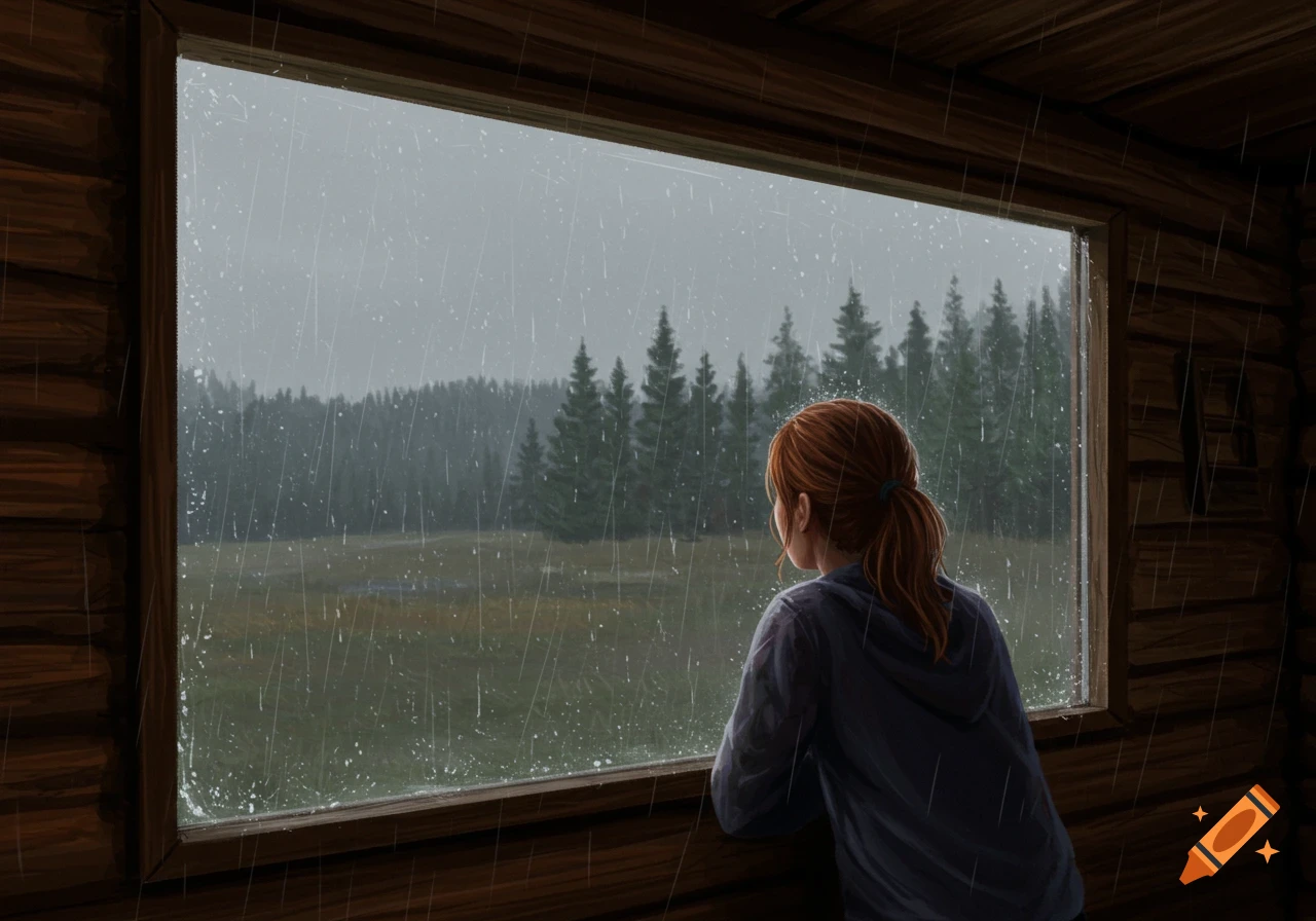 Person looks out a cabin window at heavy rain falling on a forest and field