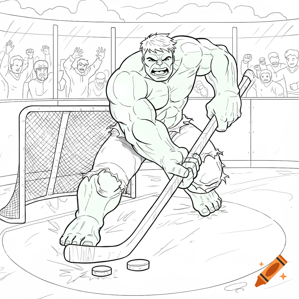 A coloring book drawing of The Hulk playing hockey in a rink with cheering fans.