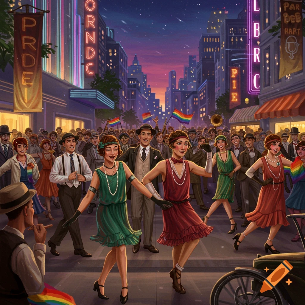 Illustration of a Pride parade with people dancing in 1920s clothing on a city street at dusk.