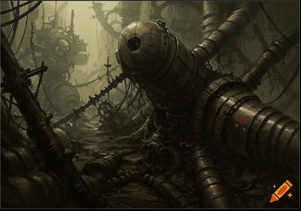 A dark, detailed painting of a gross, distorted mechanical landscape with large pipes and structures.