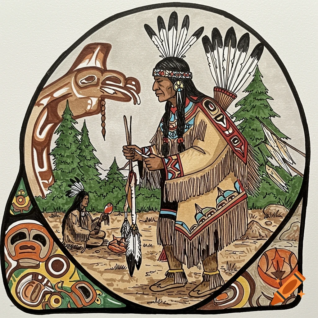 Illustration of Native Americans with tribal art symbols