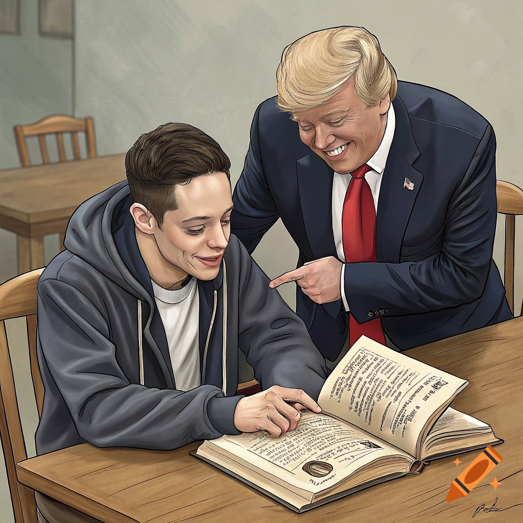 A man resembling Donald Trump points at a book open on a table where a man resembling Pete Davidson is seated. Illustration.