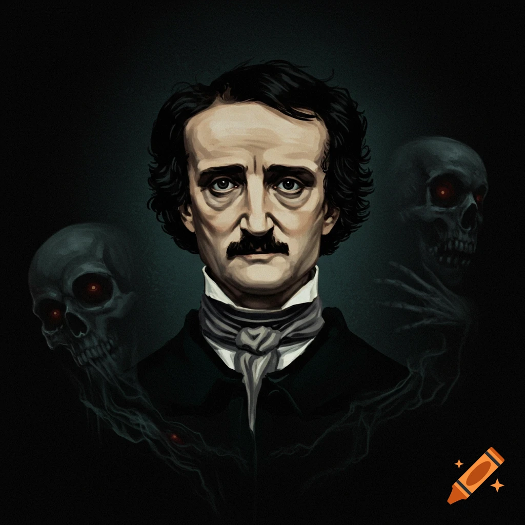 Stylized portrait of Edgar Allan Poe with two red-eyed skulls
