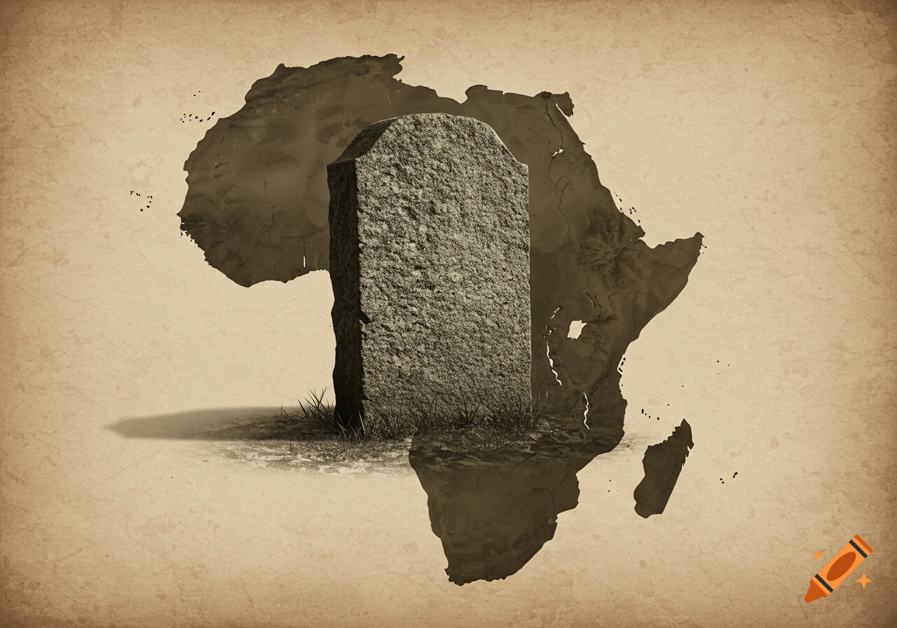 Sepia-toned image of a headstone in front of a map of Africa on aged paper.