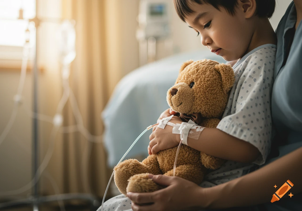 Child in a hospital gown holding a teddy bear.