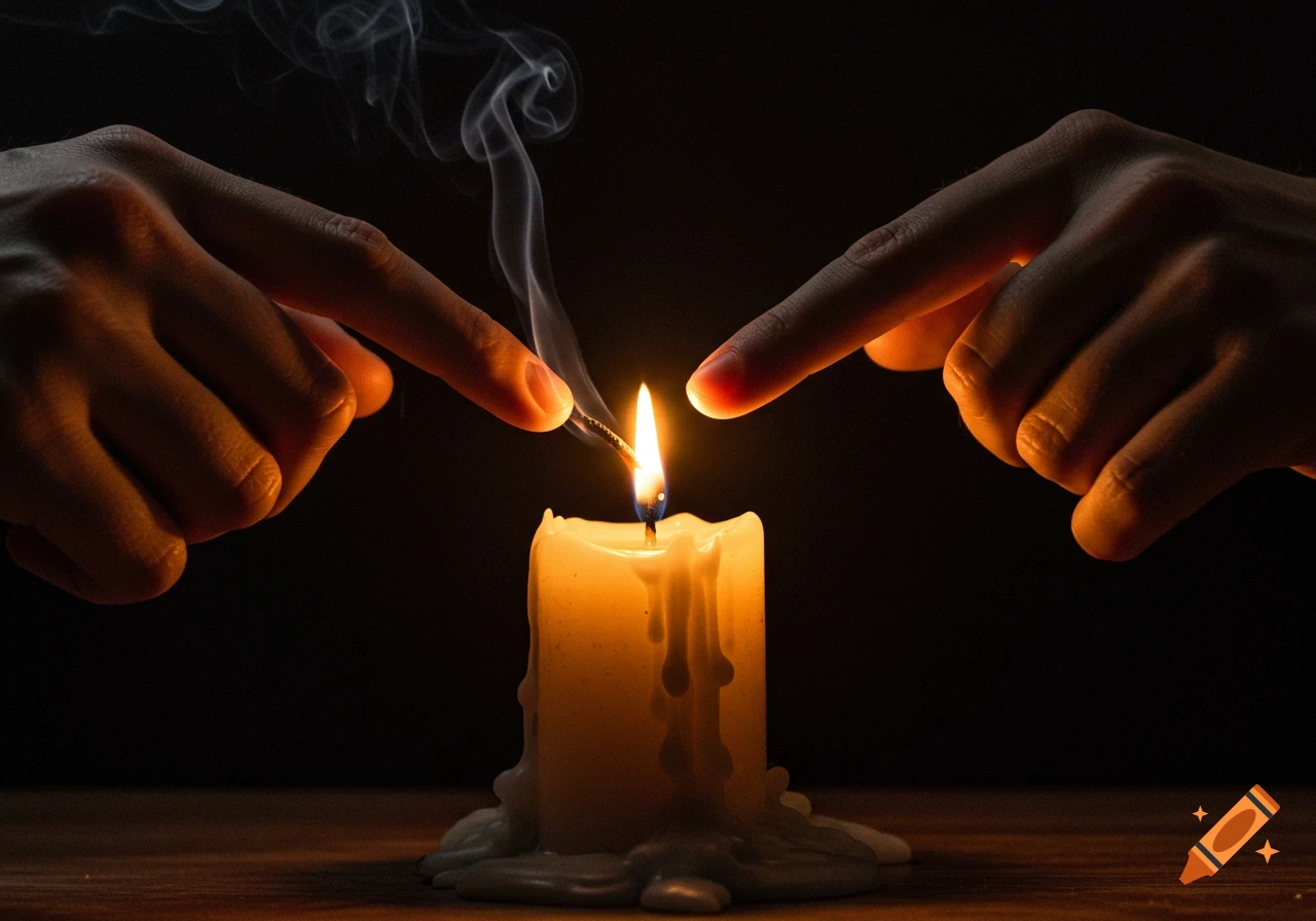Two hands with index fingers pointed towards a lit candle flame and smoke in dim light.