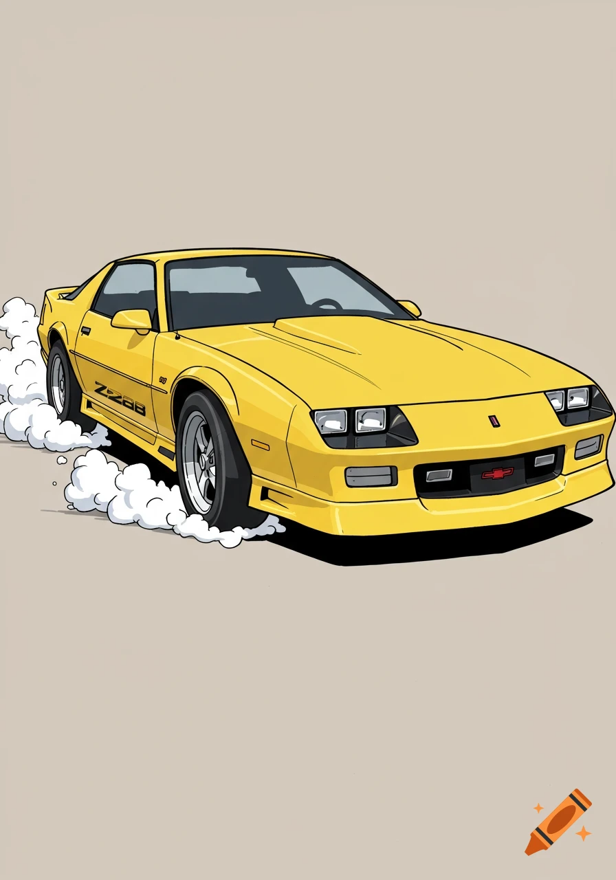 Stylized illustration of a yellow 1990s Chevy Camaro Z28 doing a burnout with smoke from the rear tires.
