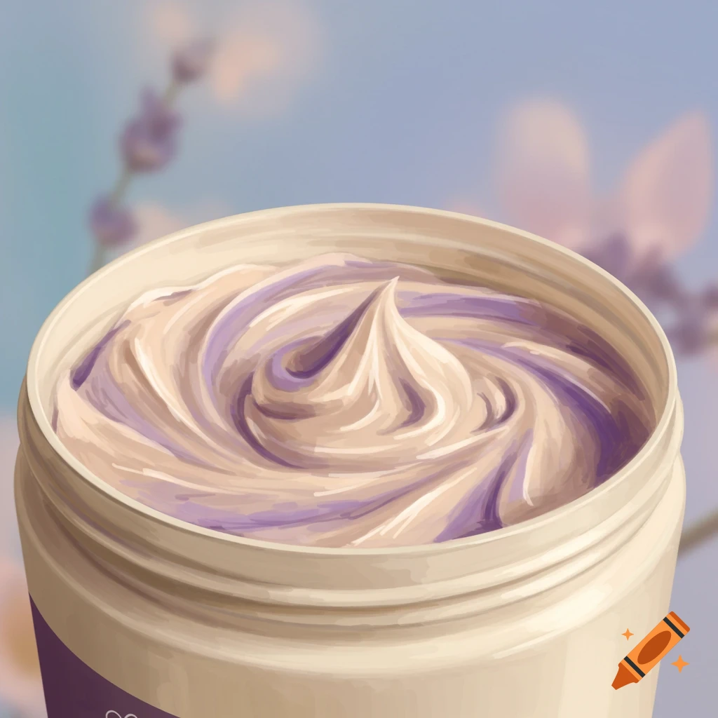 Close-up of a tub of swirled tan and purple cream against a soft floral background, illustrative style.