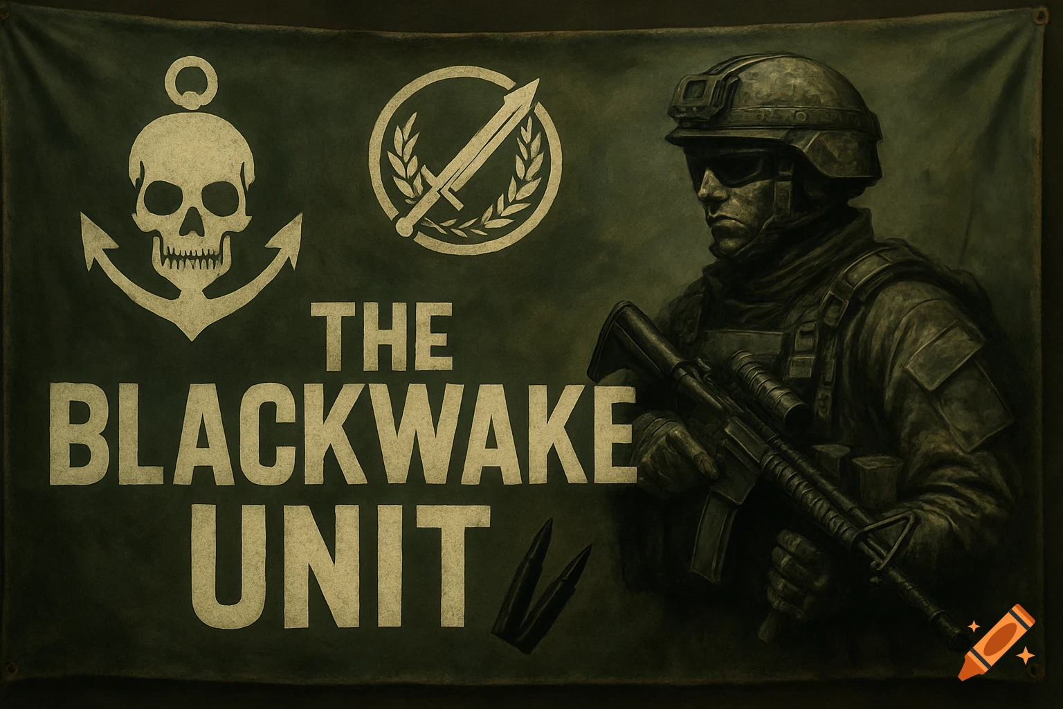 Military banner with "THE BLACKWAKE UNIT" text, skull & anchor logo, sword & wreath logo, and soldier with rifle. Gritty style.