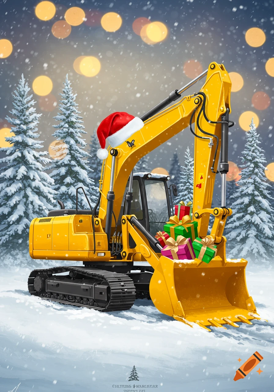 A yellow excavator wearing a Santa hat sits in a snowy forest with Christmas lights and gifts in its bucket.