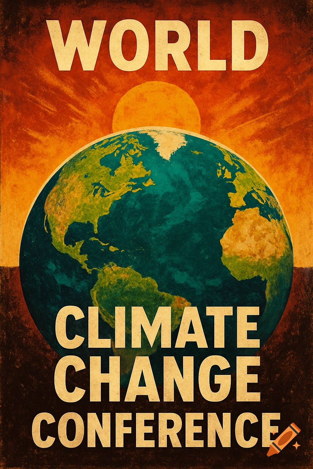 Vintage poster for World Climate Change Conference with Earth and sun.