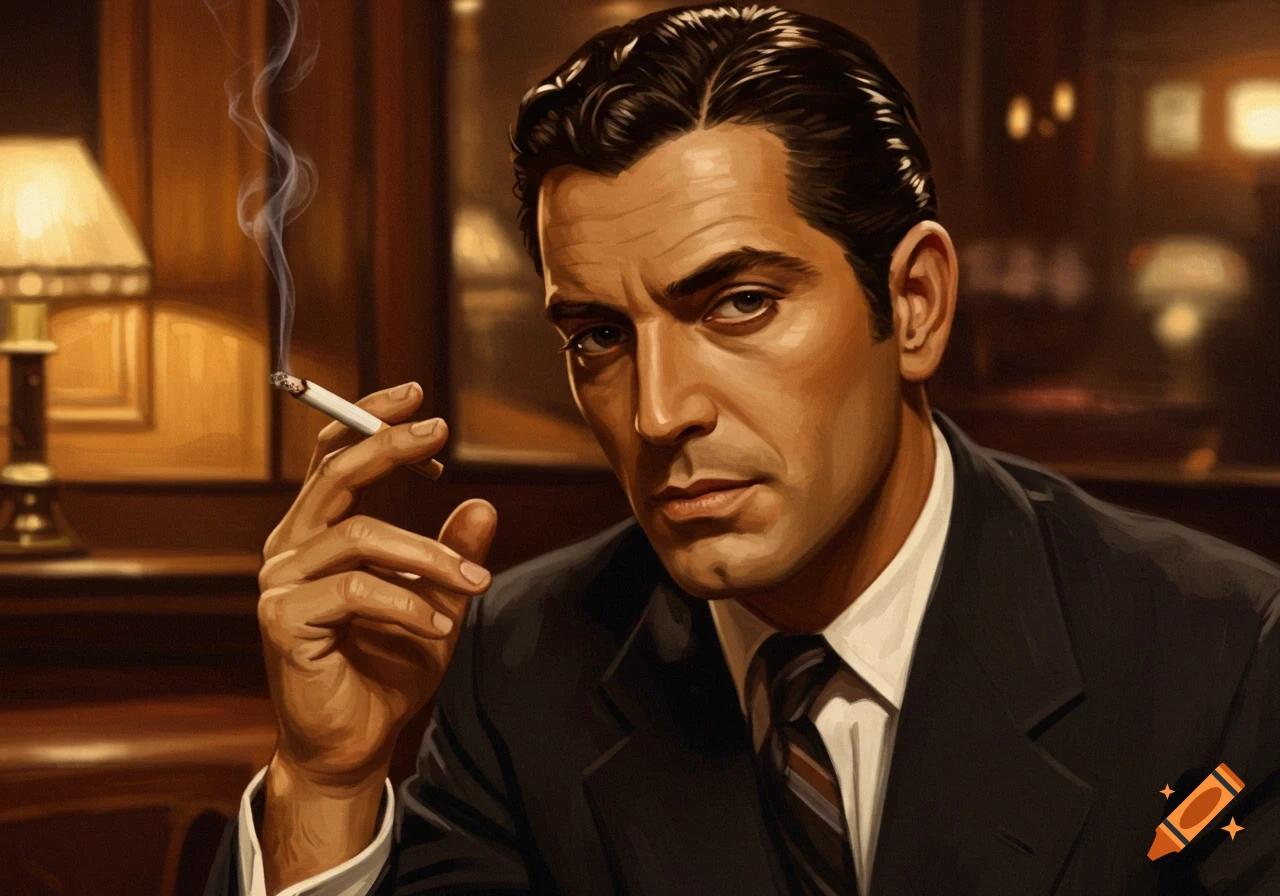 Oil painting portrait of a handsome man in a suit smoking a cigarette.