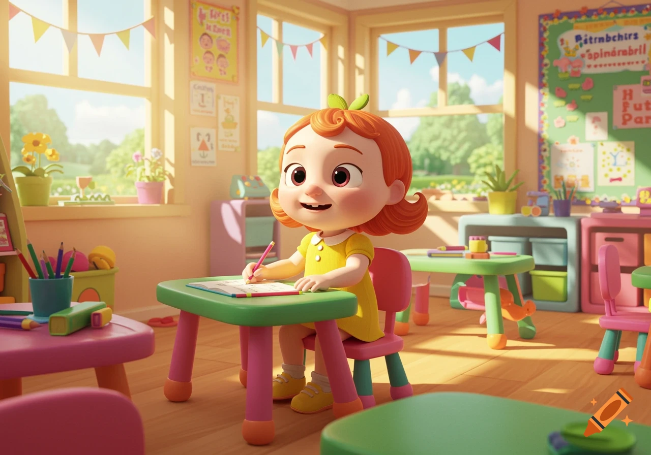 Cartoon girl in yellow dress sitting at a small table in a sunny classroom, writing in a notebook