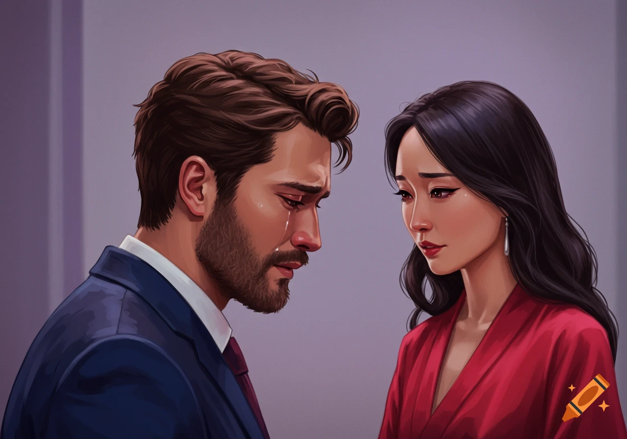 An illustration of a man with tears looking at a woman; both appear sad.