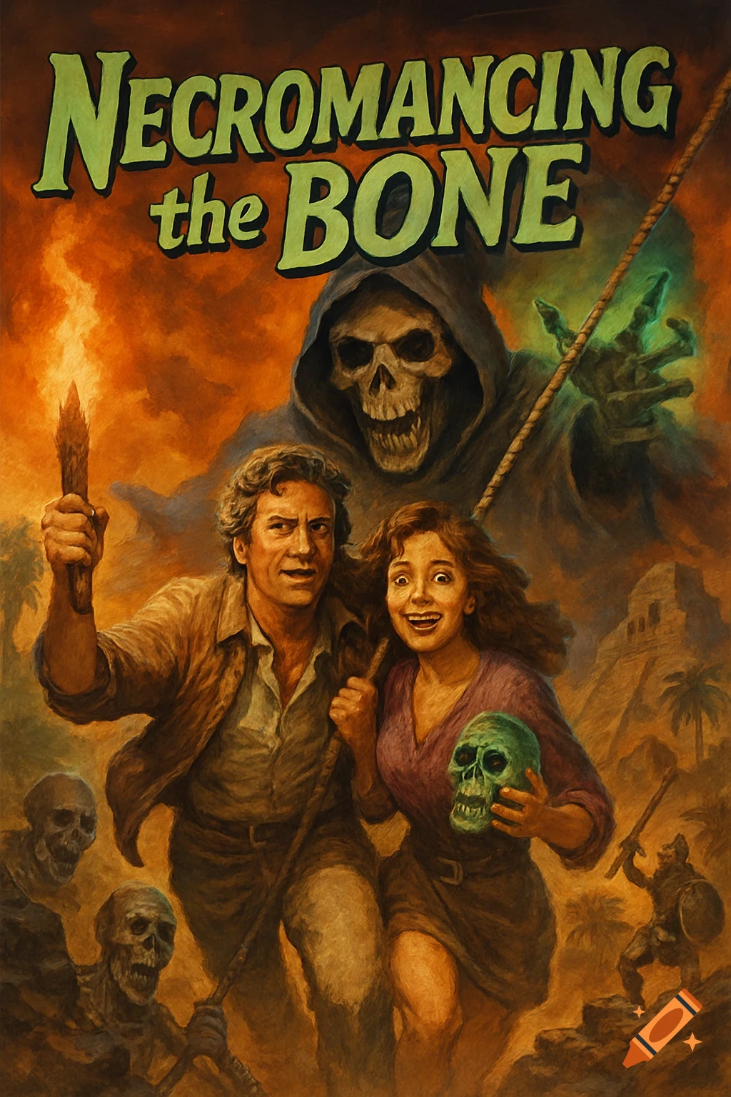Movie poster for Necromancing the Bone, showing two adventurers running from a skeletal figure and zombies in a jungle setting, painted style.