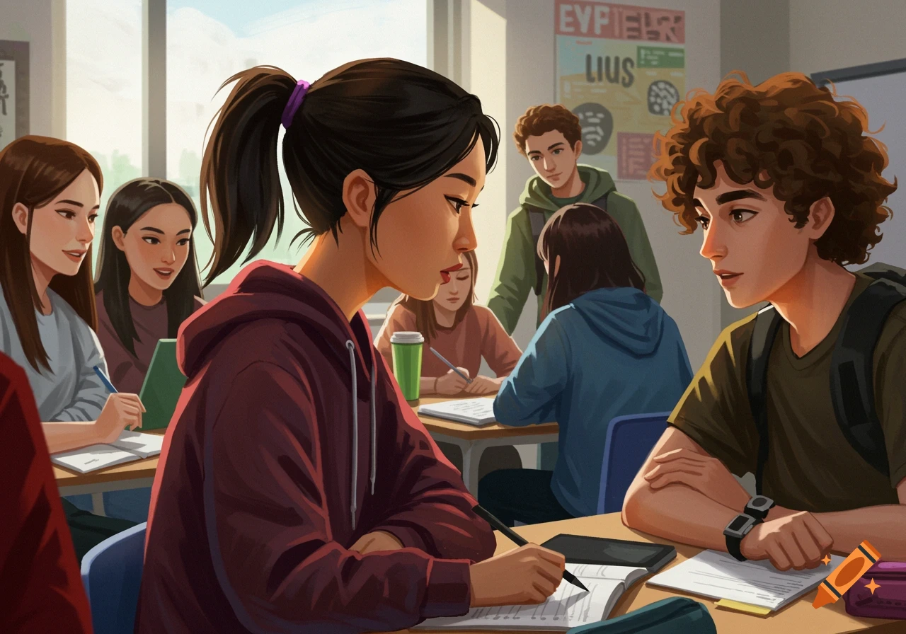 Students studying and talking in a classroom. on Craiyon