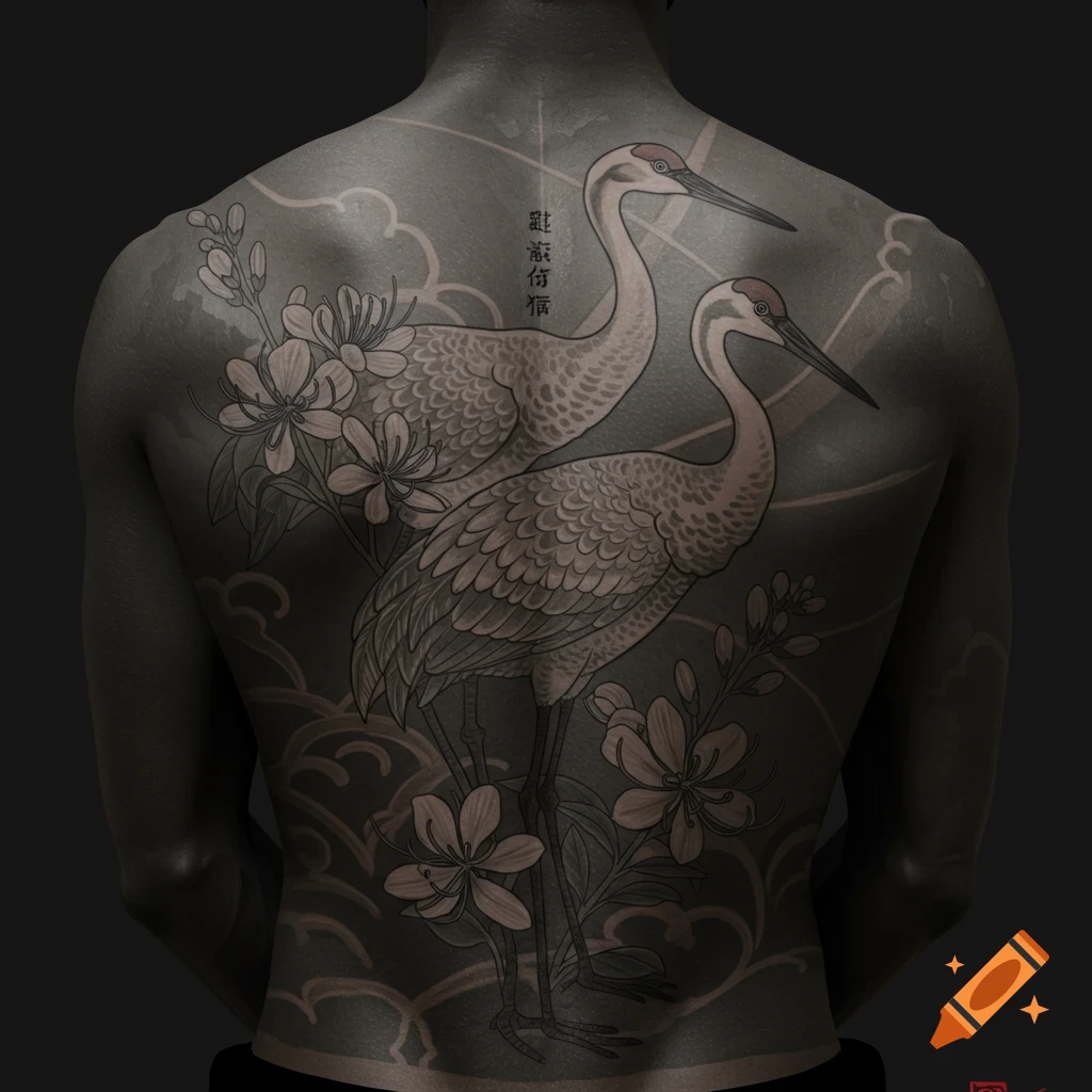 Tattoo of two cranes and flowers in Asian style on a person's back