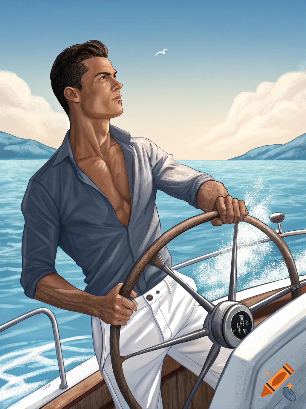 Illustration of a muscular man steering a boat on the sea.